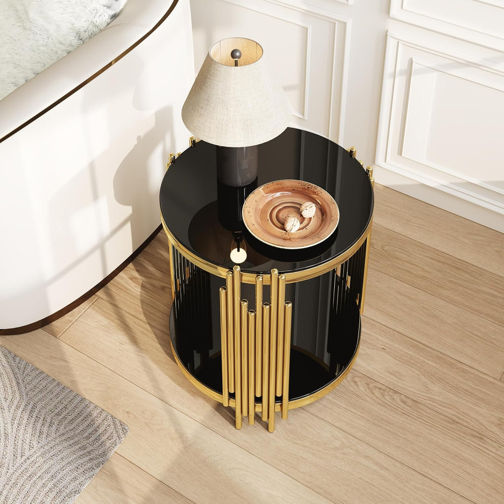 Round Glass End Table with 2-Tier Tempered Glass Top, Stainless Steel Legs Si...