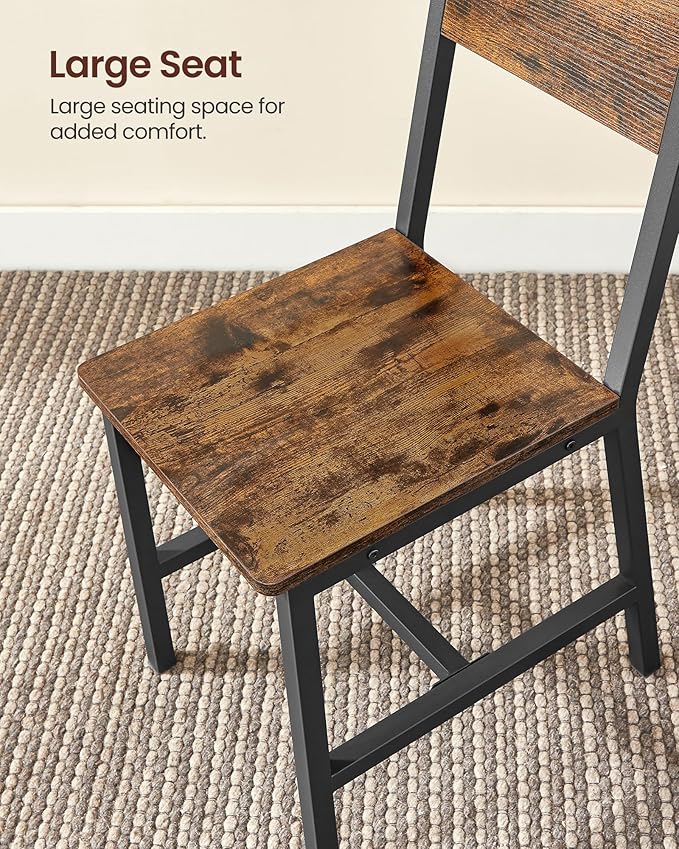 VASAGLE Dining Chair Set of 4, Rustic Wood Chairs with Metal Steel Frame, Easy to Assemble, Comfortable Seat, Modern Farmhouse Chair for Kitchen, Bedroom, Living Room, Rustic Brown and Ink Black