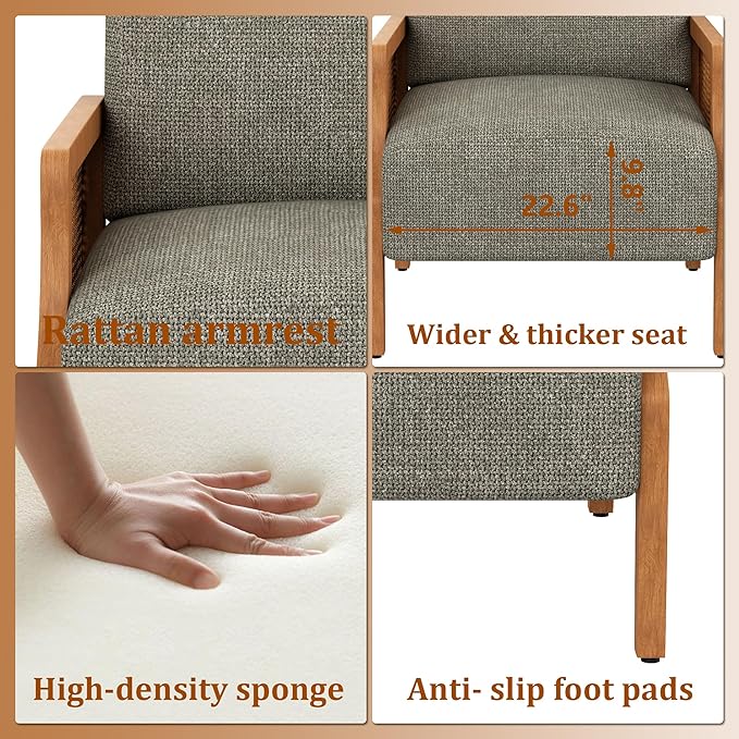 WENTMENT Modern Accent Chair, Armchair with Natural Rattan Armrest, Upholstered Living Room Chair Comfy Single Sofa Chair for Hosting Room/Bedroom, Grey