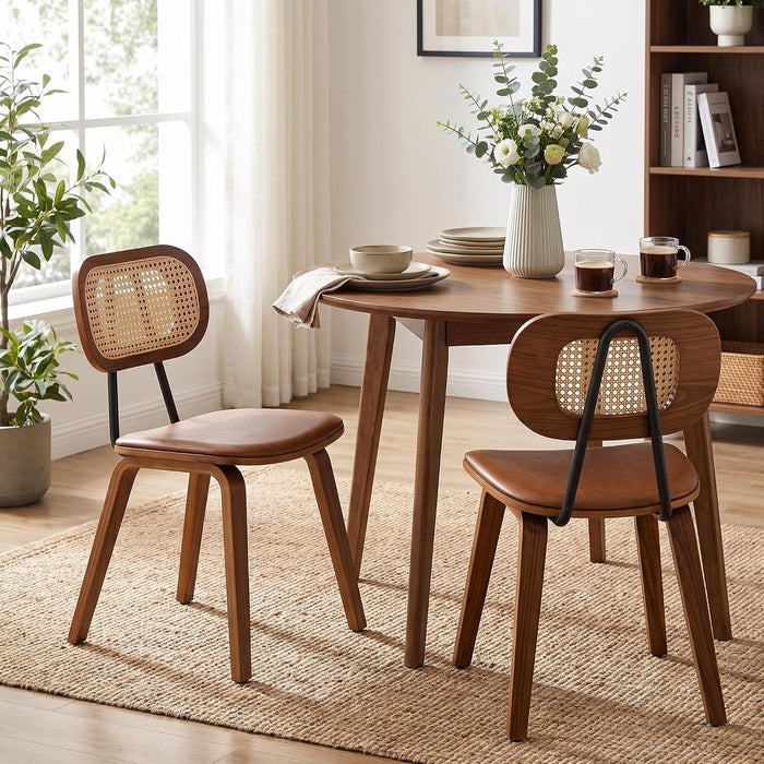 Rattan Dining Chairs Set of 2, Faux Leather Seat, Walnut Wood Frame, Brown