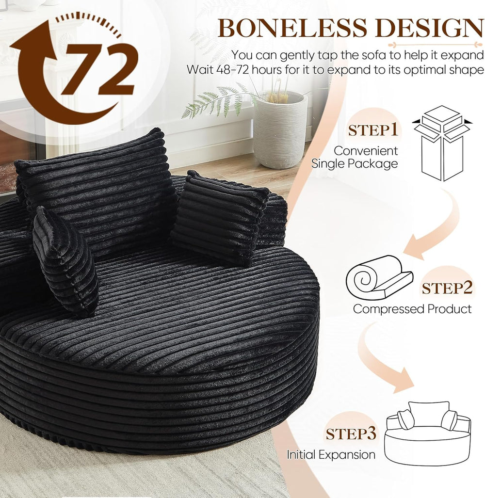 Oversized Round Chaise Longue Chair Indoor, Modern 55-inch Upholstered Cordur...