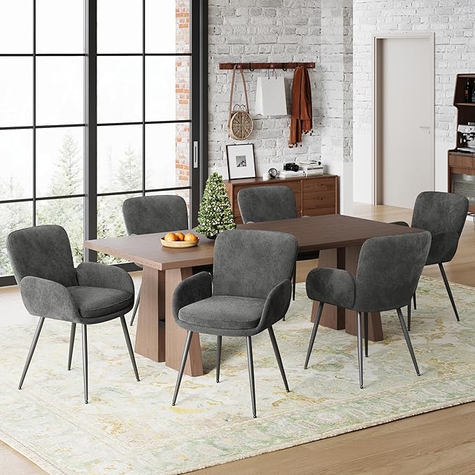 VKNOW Modern Dining Chairs Set of 2, Upholstered Dining Room Chair with Armrest, Kitchen Chairs with Curved Ergonomics Backrest for Living Room, Dining Room, Kitchen, Dark Grey