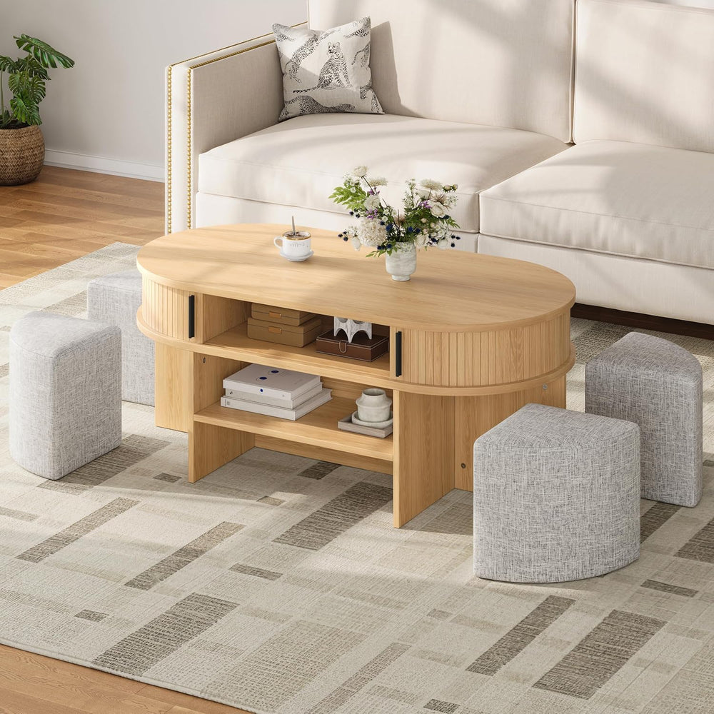 Oval Coffee Table Set with Storage and 4 Fabric Stools,Center Table | Feature...