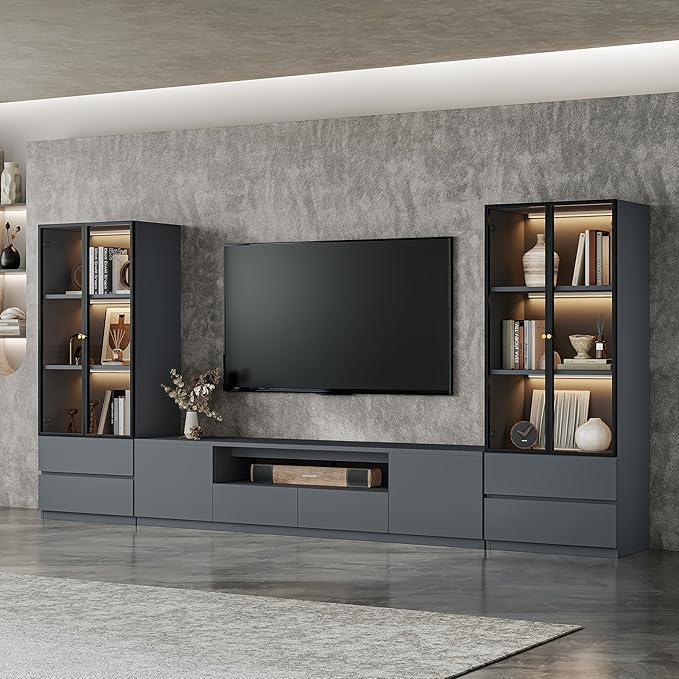 126" Grey Modern Entertainment Center for 55/65/75/85 inch TV, Included TV Stand and Two Glass Display China Cabinet, 3-Piece Lighted Media Console for Living Room (ABA-126 Cabinets Set)