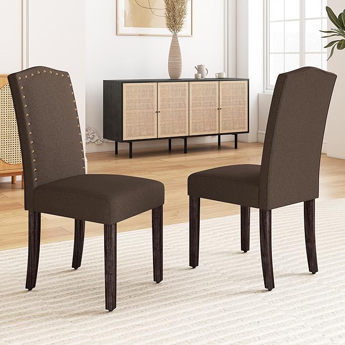 LSSBOUGHT Fabric Dining Chair Upholstered Parsons Kitchen Chair with Copper Nails and Solid Wood Legs for Dining Room,Restaurant (Taupe, 2PCS)