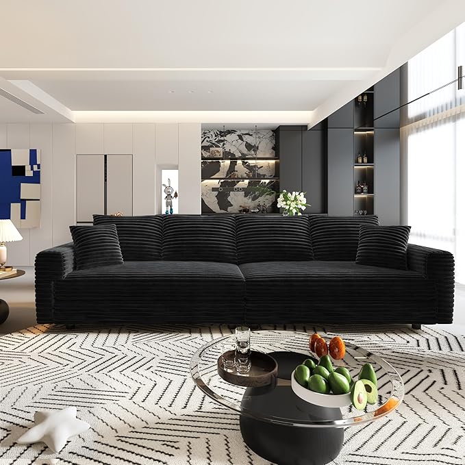 KEIKI 102.4" Sectional Couches, Modern Comfy Upholstered Sofa Cloud Couch, Deep Seat 4 Seat Sofa Set with Soft Pillows and Movable Ottoman for Living Room, Apartment, Office, Black
