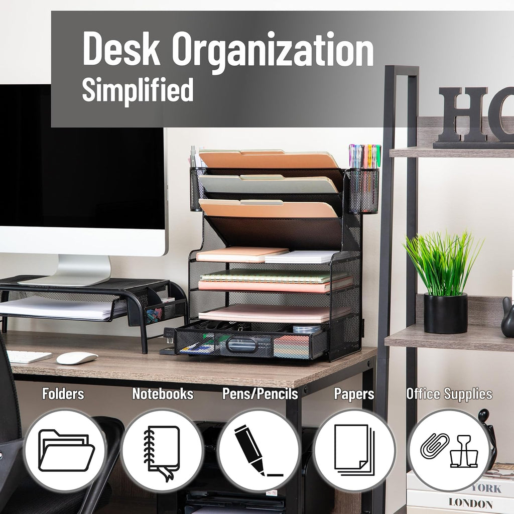 Mind Reader Mesh Desk Organizer, 6 Compartments, 1 Drawer, 2 Pen Cups, Office Desktop Organizer, Metal Mesh, Black