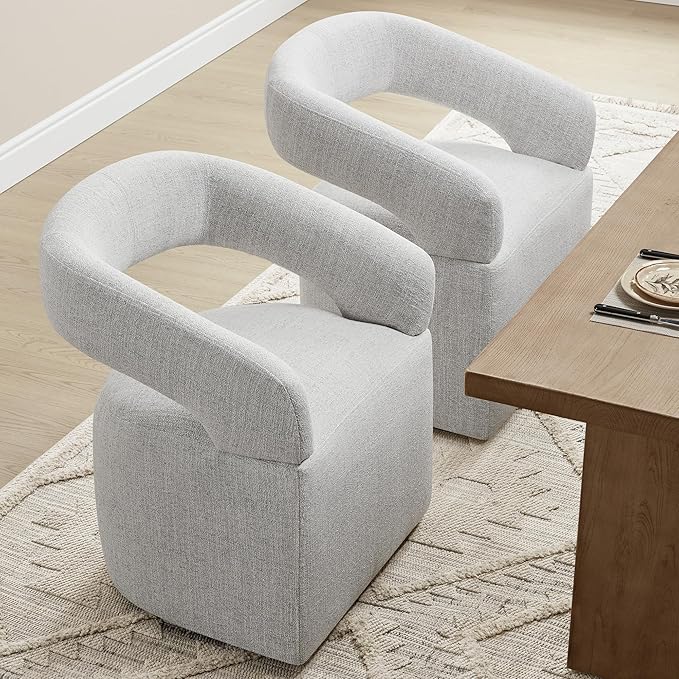 Upholstered Dining Chairs with Casters, Modern Barrel Side Armchair with Rollers for Dining Room, Bedroom, Kitchen, Reading Room, Light Gary, Set of 2