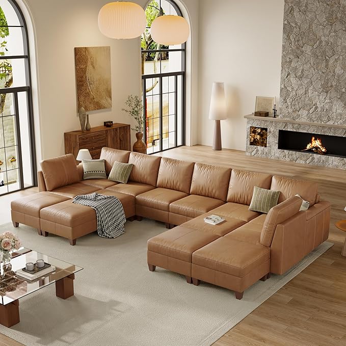 SITJOY 172" Faux Leather Modular Sectional Sofa with Storage, Mid Century Modern Sectional Couches for Living Room, Soft Padded Armrests, Oversized 14 Seat U Shaped Couch with Chaise, Brown