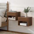 Floating Nightstands Set of 2 with Drawer and Open Shelf, Small Wall Mounted Bedside End Table, Modern Fluted Night Stand for Bedroom, Living Room, Brown