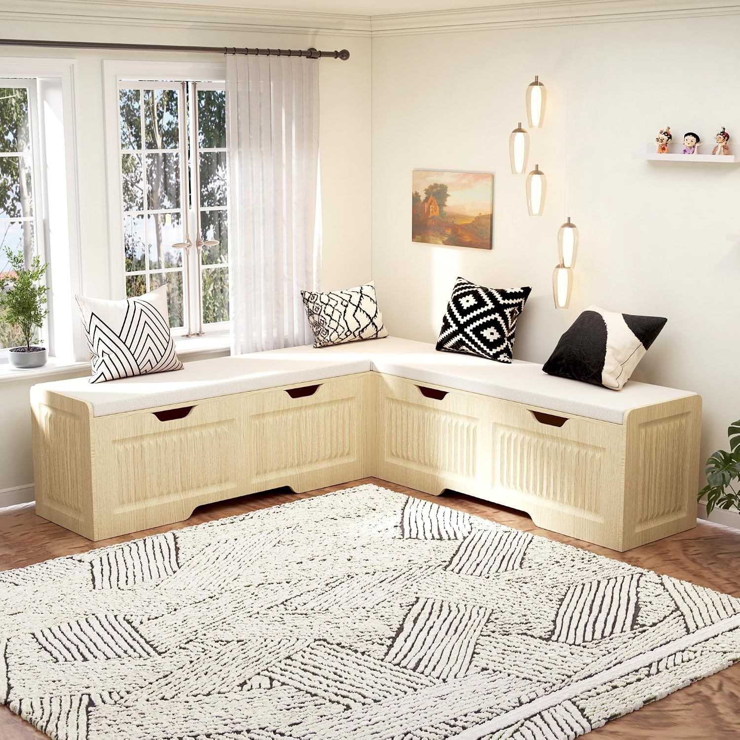 L Shape Storage Bench,63 in L-Shaped Kitchen Breakfast Corner Bench with Cushioned Seat and Hidden Storage Function,Wooden Backless Bench for Entryway,Suitable for Dining Room,Kitchen