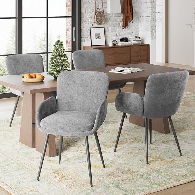 VKNOW Modern Dining Chairs Set of 2, Upholstered Dining Room Chair with Armrest, Kitchen Chairs with Curved Ergonomics Backrest for Living Room, Dining Room, Kitchen, Grey