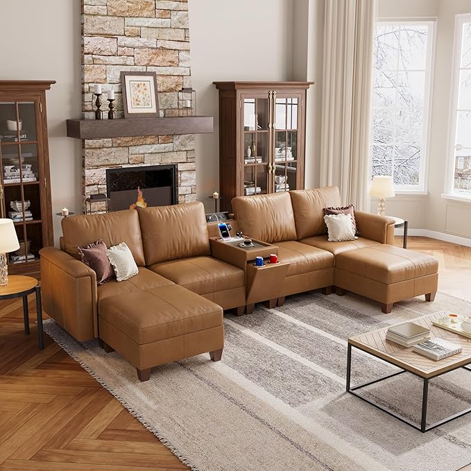 SITJOY 132" Faux Leather Modular Sectional Sofa with Storage, Mid Century Modern Sectional Couches for Living Room, 6 Seat U Shaped Couch with Ottoman and Console Table, Hidden Cupholders, Brown