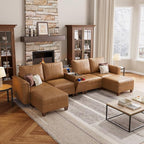 SITJOY 132" Faux Leather Modular Sectional Sofa with Storage, Mid Century Modern Sectional Couches for Living Room, 6 Seat U Shaped Couch with Ottoman and Console Table, Hidden Cupholders, Brown