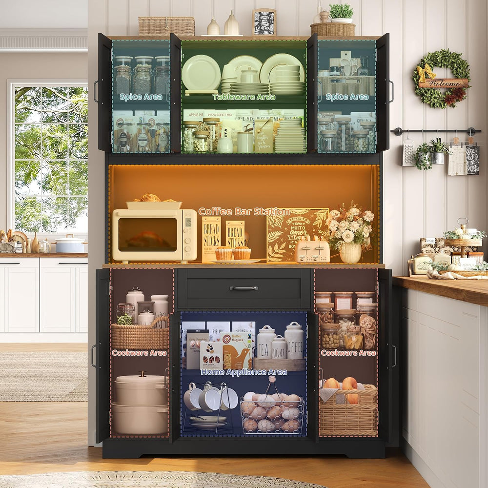 HITHOS 70" LED Kitchen Pantry Cabinet with Charging Station, 47" Wi...