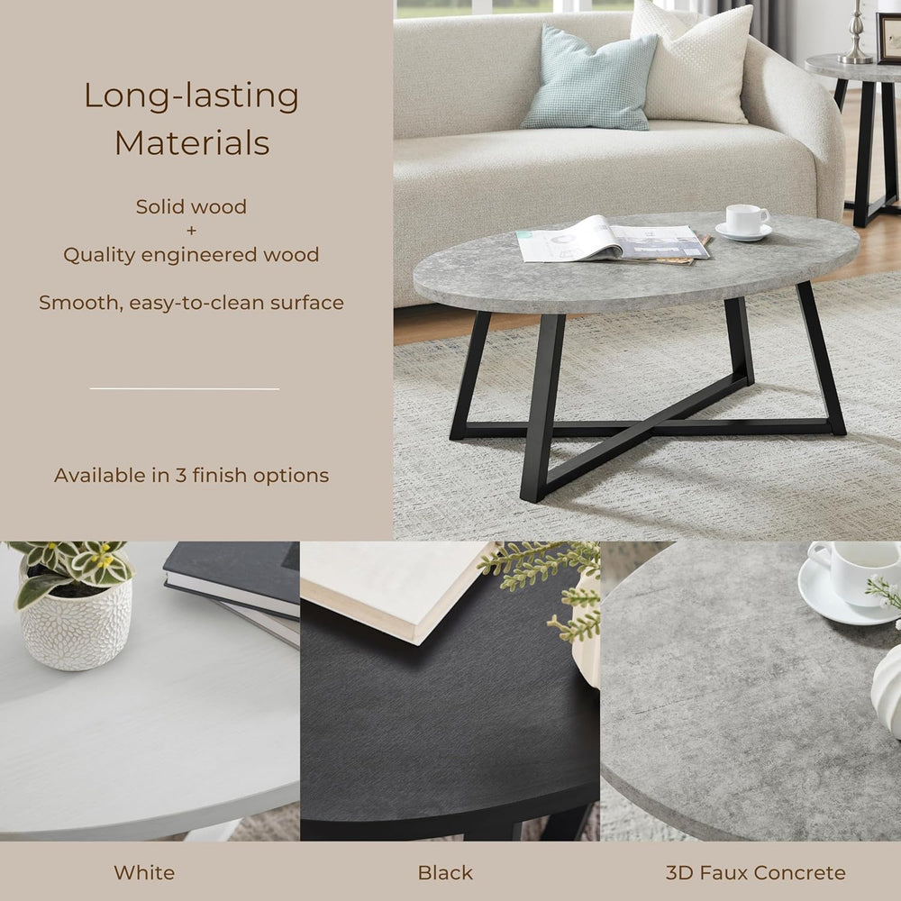 Polay Coffee Table Set 3-Piece Oval Wood with 2 Round End Tables | Modern 3-p...