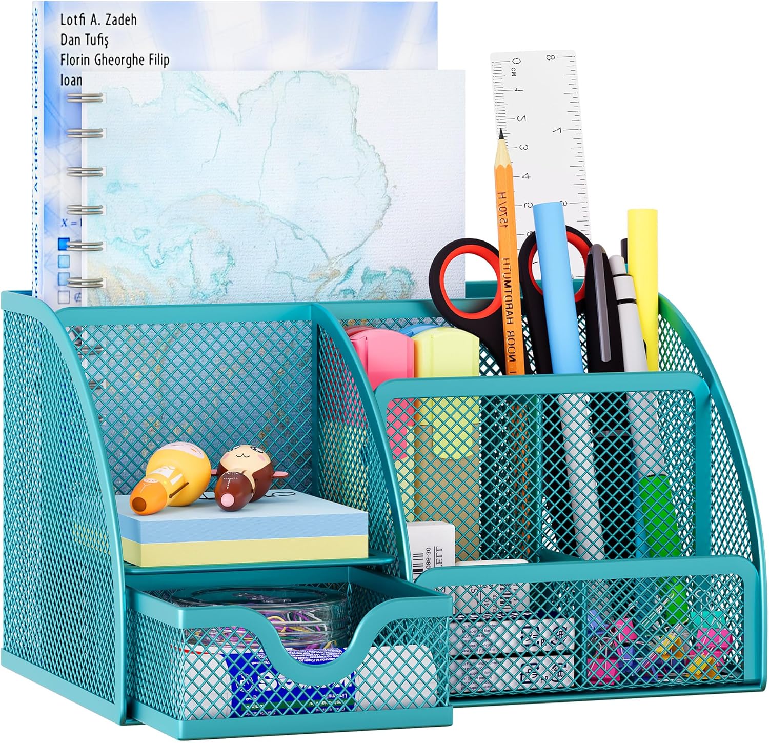 EasyPAG Mesh Desk Organizer with Drawer Multi-Functional Pen Holder Stationery Organizer for Office School Supplies 6 Compartments Dorm Organizers and Storage for Desk, Blue