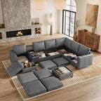 SITJOY 132" Faux Leather Modular Sectional Sofa with Storage, Mid Century Modern Sectional Couches for Living Room, 8 Seat V Shaped Couch with Ottoman and Console Table, Hidden Cupholders, Gray