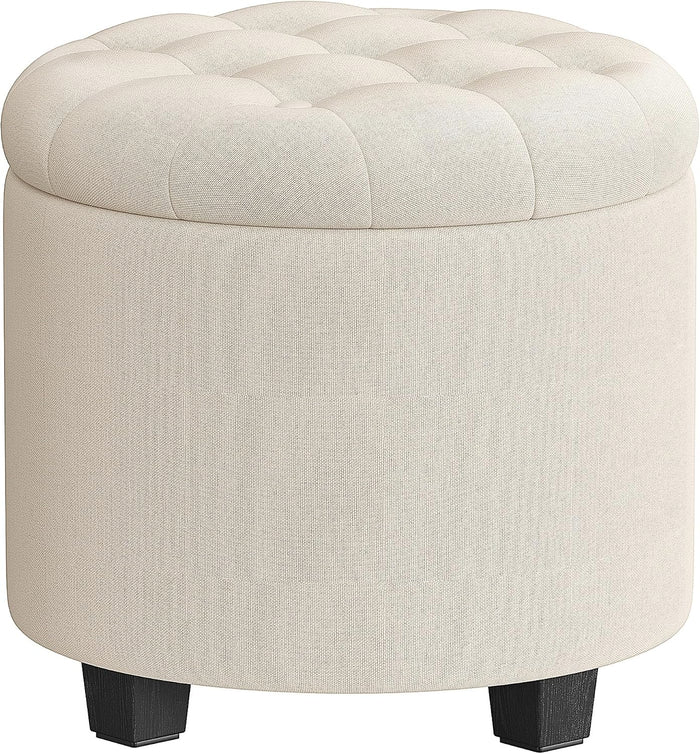 SONGMICS Vanity Stool, Round Ottoman with Storage, Linen-Look Fabric