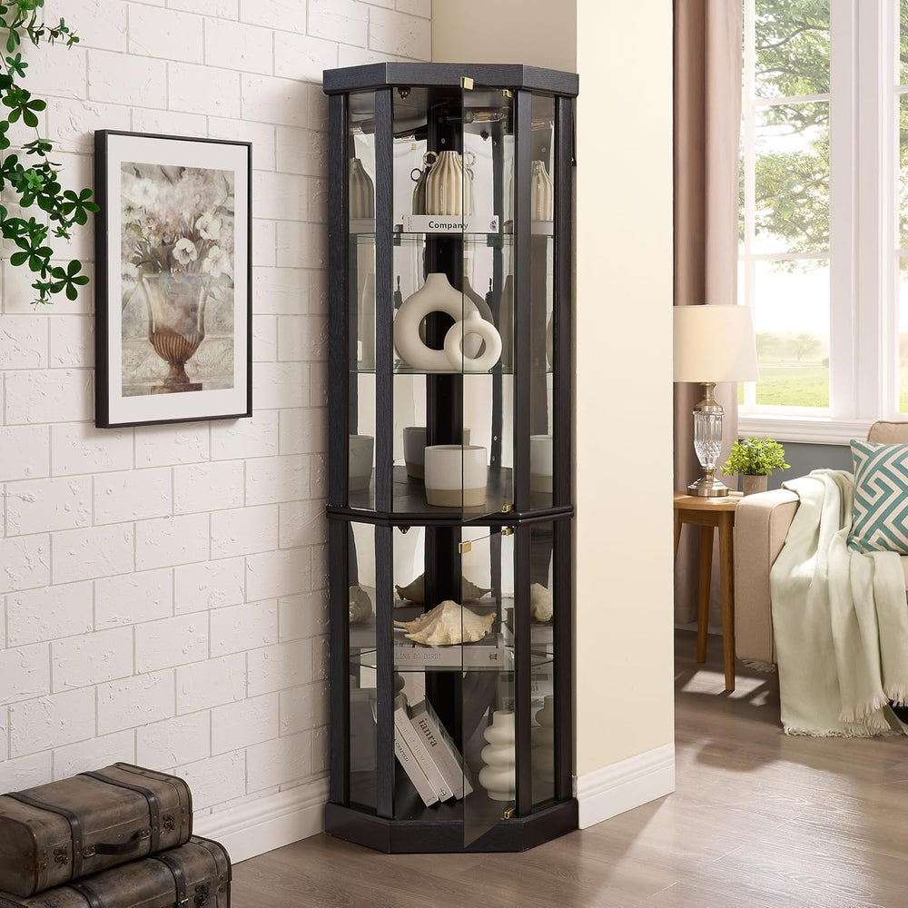 Lighted Corner Curio Cabinet - Elegant Glass Display Case for Living Room &am...