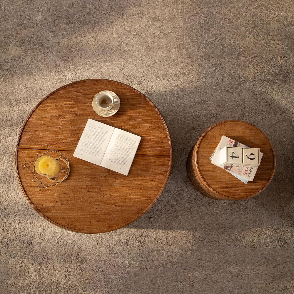 Round Rattan Coffee Table Set of 2 with Lift-Off Lid Storage, Boho-Chic End T...