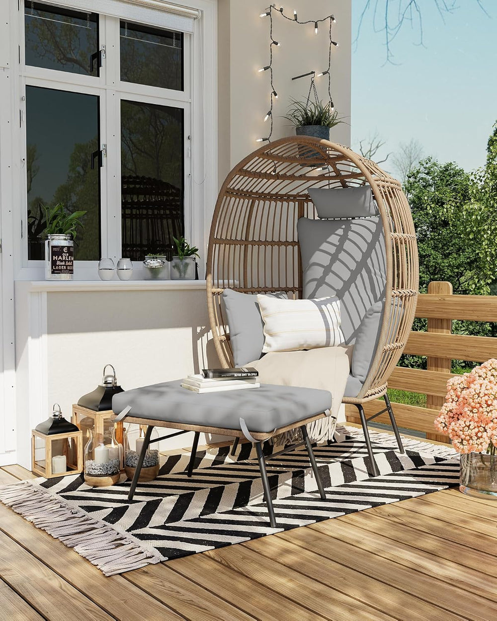Wicker Egg Chair with Ottoman, Oversized Egg Shaped Lounge Chair with Thick C...