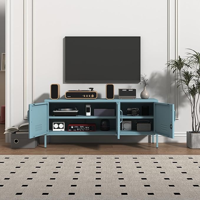 3 Door Lockable Metal TV Stand Storage Cabinet, Wide Heavy Duty Media Console for Large 100+ Inch TVs, Home Office Entertainment Center, Blue 22" H X 47.3" W X 13.8" D