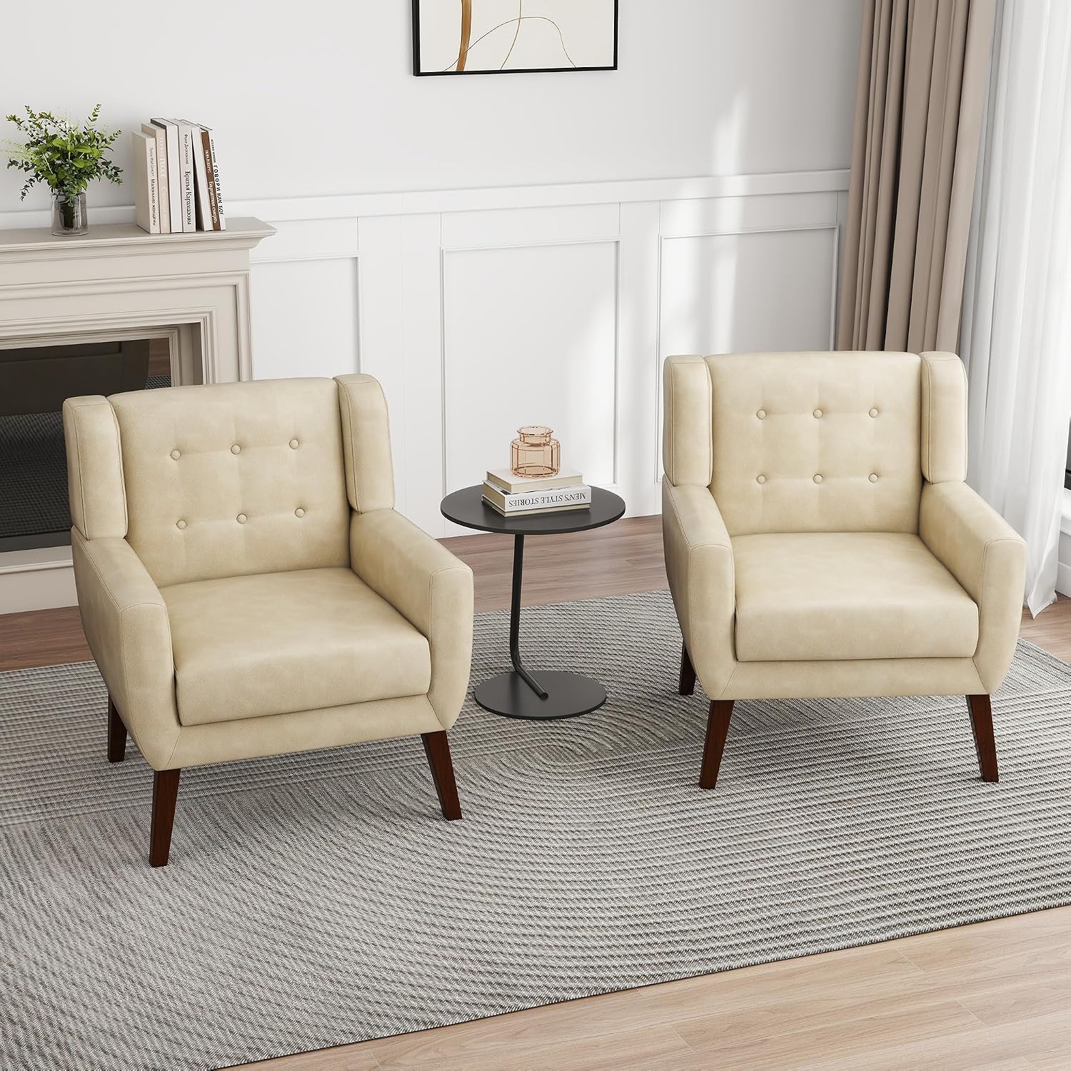 PU Leather Accent Chairs Set of 2, Upholstered Armchair, Cream | Mid Century Modern Living Room Chair, Button Tufted Wingback Chair with Removable Cushion, Bedroom Side Reading Seat