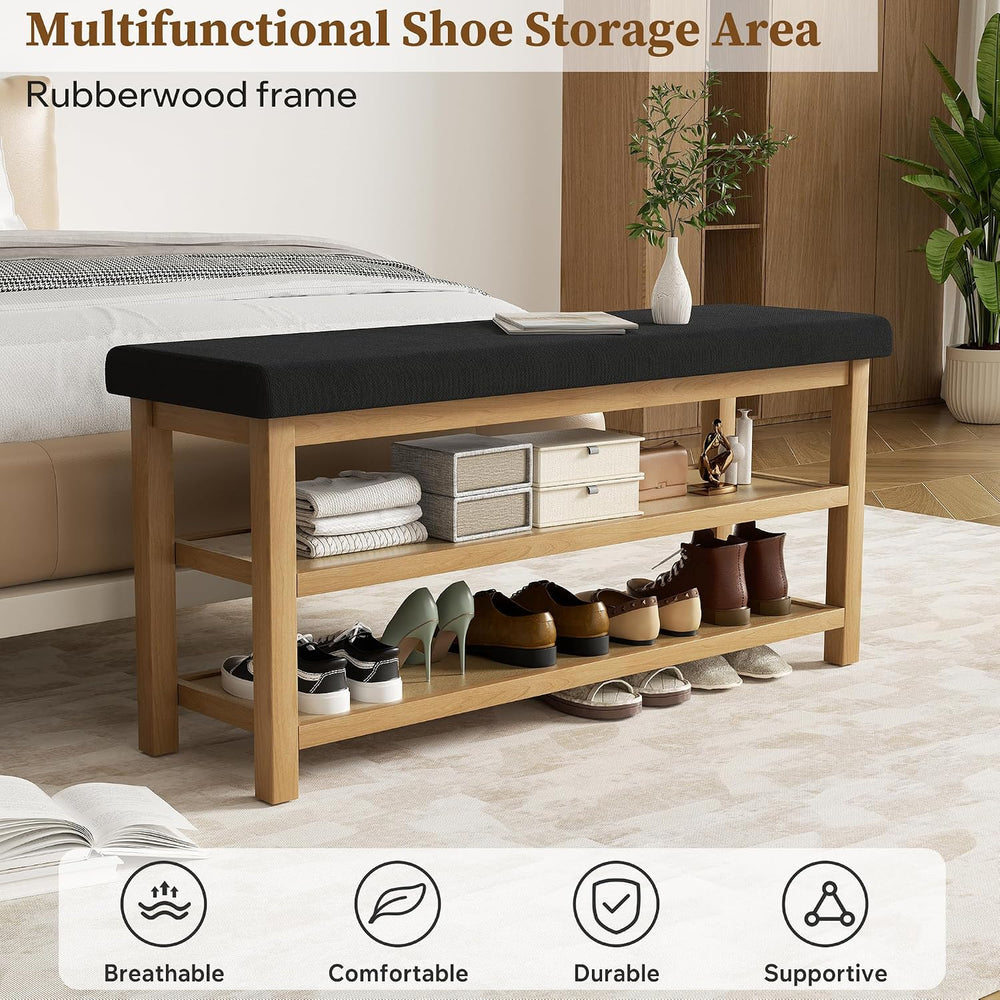 2 Tier Shoe Rack Bench with Cushion, Rubberwood Shoe Benches, Mid-Century Mod...