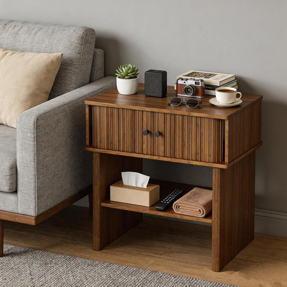 Nightstand with Fluted Sliding Door, 3-Tier Side Table with Hidden Cabinet an...