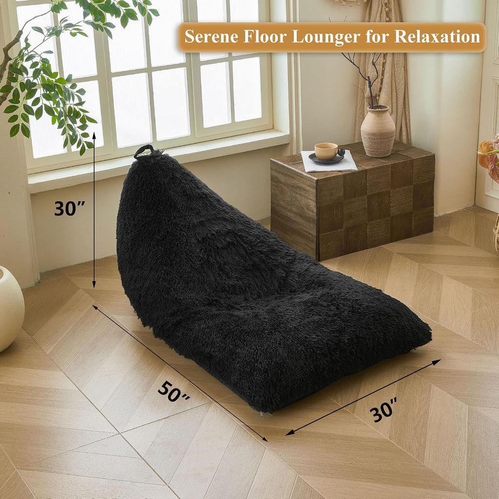 XeGe Fluffy Kids Stuffed Animal Storage Bean Bag Cover (No Filler), Plush Fuzzy Faux Fur Beanbag Organizer with Handle for Teens Girls Adults, Shaggy Furry Plush Toys Holder Floor Lounger Chair, Black
