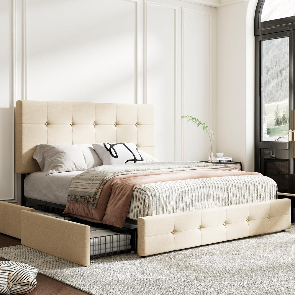 MUTICOR Queen Size Bed Frame with 4 Storage Drawers, Upholstered Platform Bed...