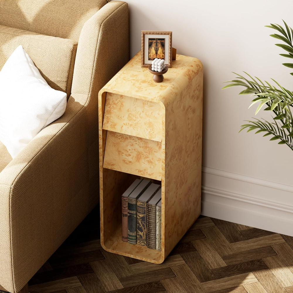 Aoikax Modern Burl Finish End Table with 2 Drawers and Open Storage, Curved W...