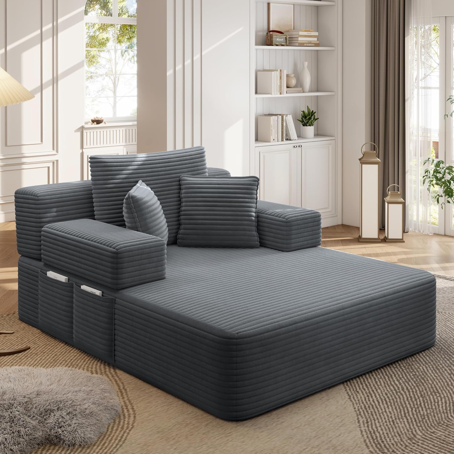 2-in-1 Convertible Chaise Lounge Indoor, 60.2" Corduroy Upholstered Chaise Lounge Chair that Converts to Sleeper Bed,Compressed Sofa with Side Storage Pockets and 3 Pillows for Bedroom Apartment Dorm
