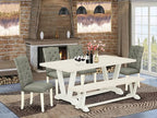 East West Furniture V027EL207-6 6 Piece Modern Dining Table Set Contains a Rectangle Wooden Table with V-Legs and 4 Gray Linen Fabric Parson Chairs with a Bench, 40x72 Inch, Multi-Color
