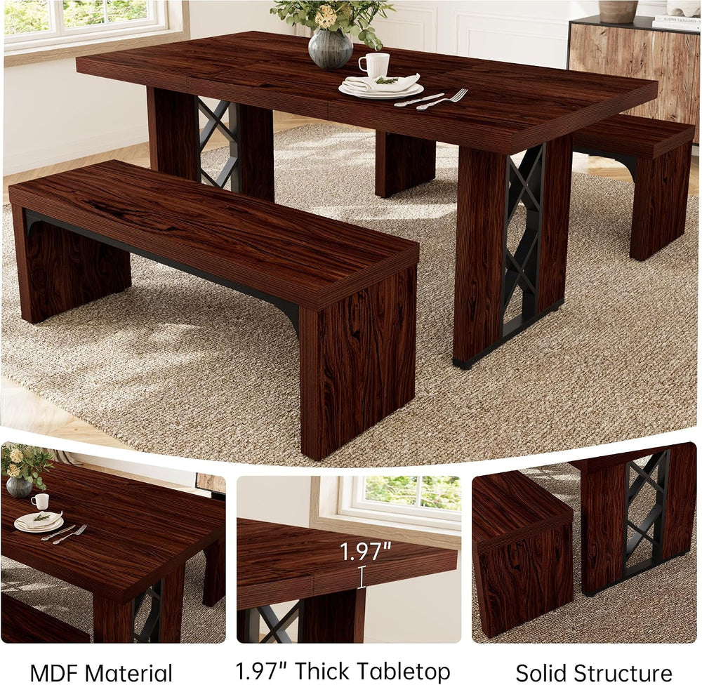 HIPIHOM 3-Piece Dining Table Set for 6 People, Walnut Table with 2 Benches | ...