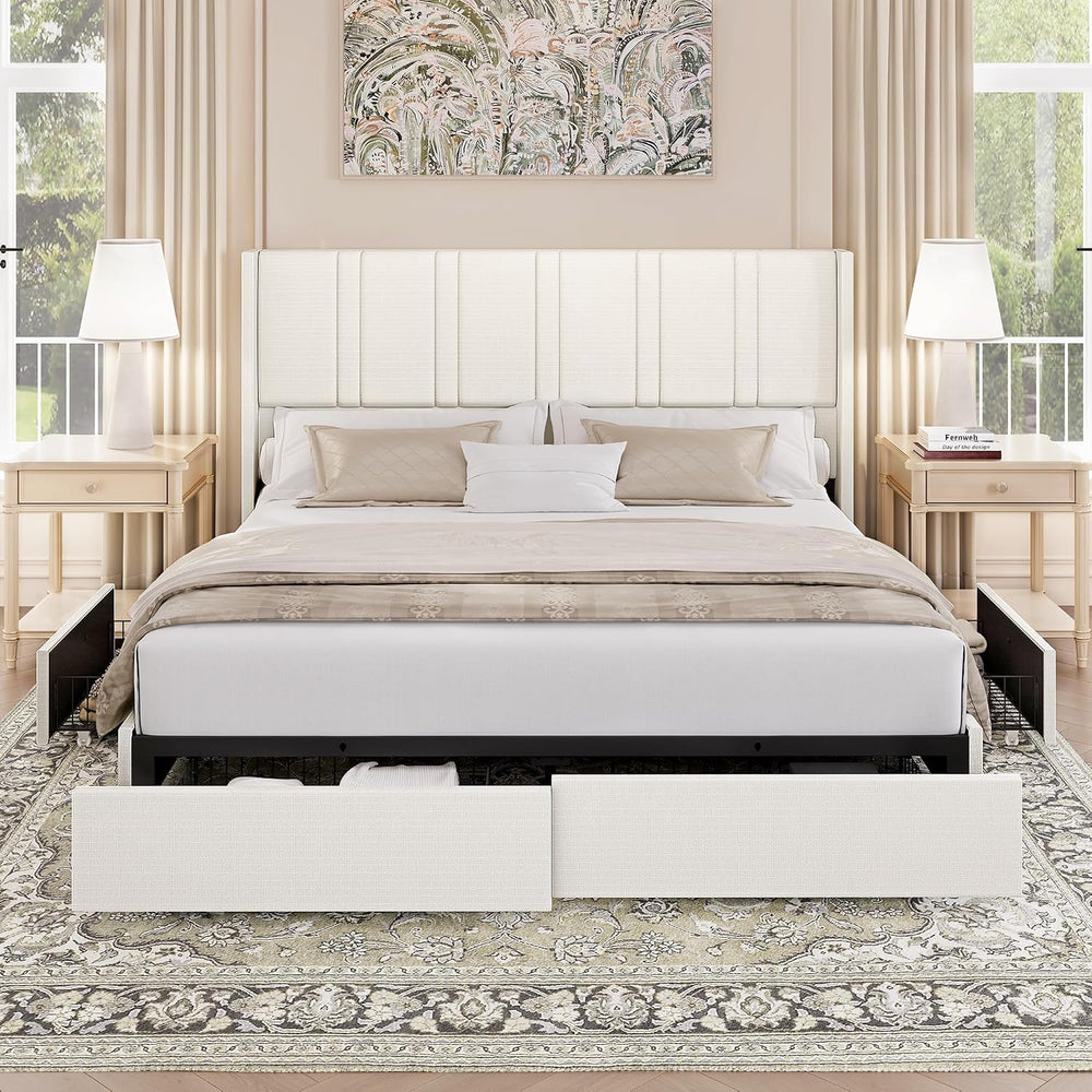 BRELTAM Queen Size Wingback Platform Bed Frame, White