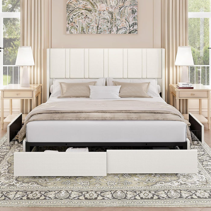 BRELTAM Queen Size Wingback Platform Bed Frame, White