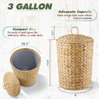 BLUEWEST 3 Gallons Wicker Trash Can with Lid and Removable Liner, Wicker Rattan Bathroom Trash Can, Large Woven Bin for Office, Hyacinth Waste Basket for Home Kitchen (Natural)