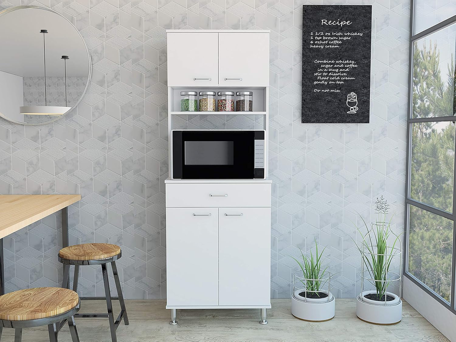 ModernKitchen Pantry, White Storage Cabinet with Countertop, Easy to Maintain, for Dining Room