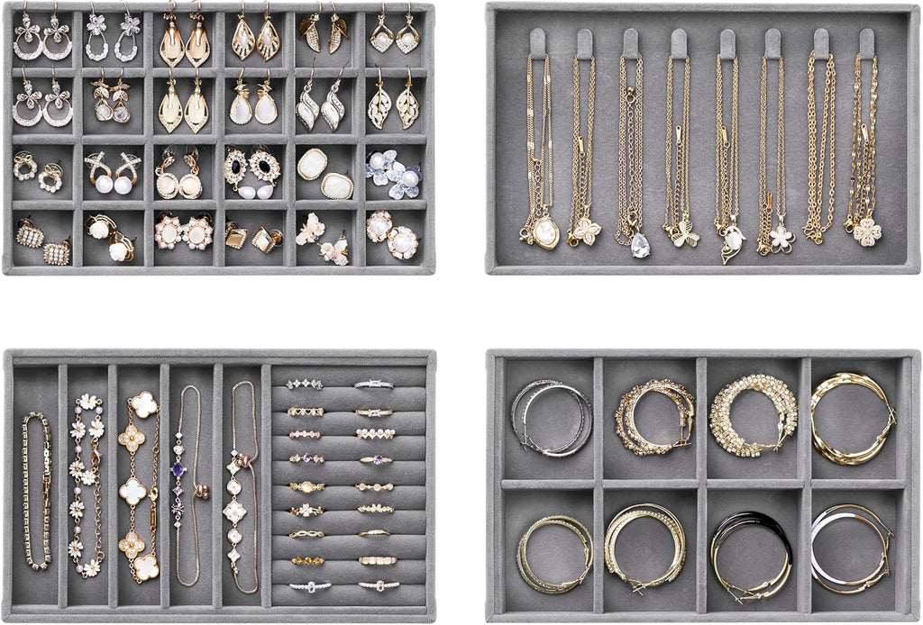 Velvet Jewelry Drawer Organizer Trays – Grey Stackable Jewelry Storage Inserts Set, 4-Layer Jewelry Tray Set for Earrings, Rings, Necklaces, Bracelets with Removable Dividers for Dresser & Vanity