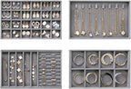 Velvet Jewelry Drawer Organizer Trays – Grey Stackable Jewelry Storage Inserts Set, 4-Layer Jewelry Tray Set for Earrings, Rings, Necklaces, Bracelets with Removable Dividers for Dresser & Vanity
