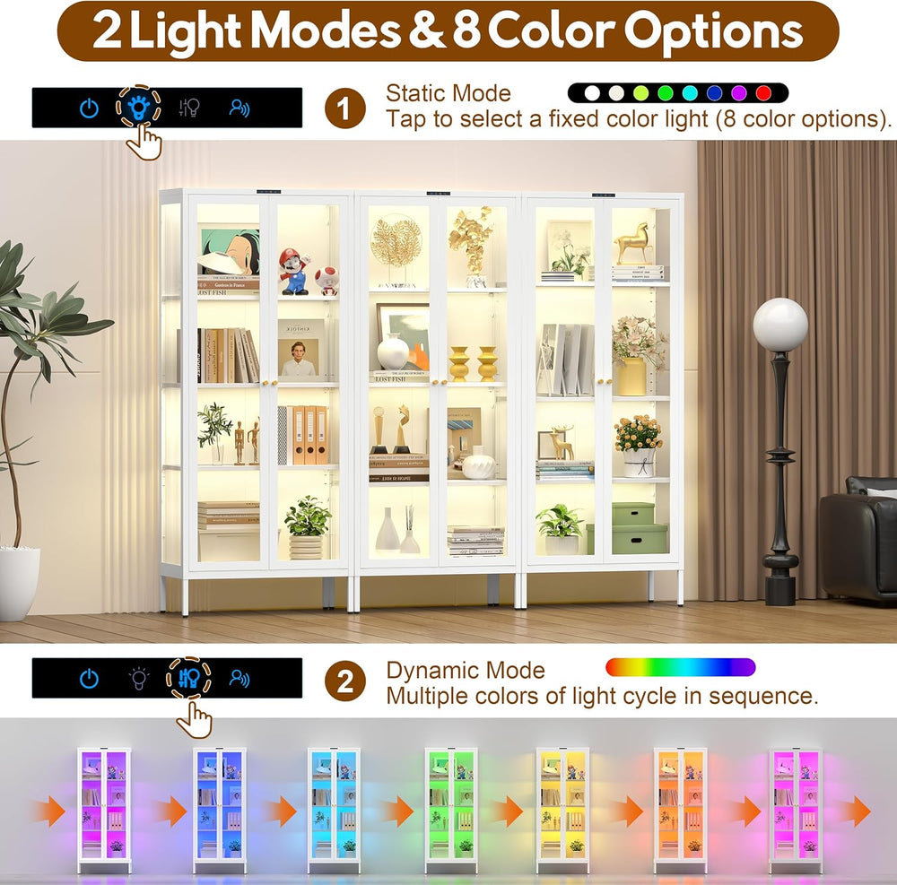 UNICOLY Display Cabinet with Glass Doors, Glass Display Cabinet with 8 Color ...