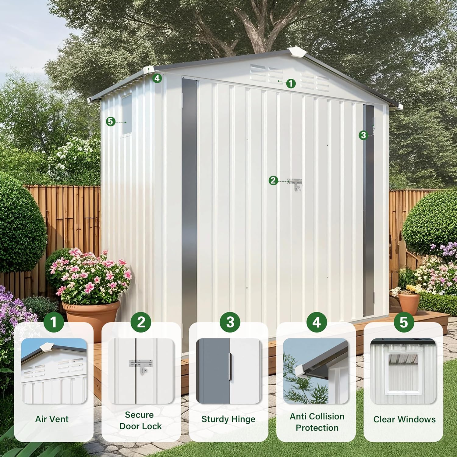 Metal Storage Shed, 6X3.6 FT Lockable Outdoor Tool Shed with Air Vent and Clear Windows, Galvanized Steel Garden Shed for Backyard, Patio, Garden, Bike Storage or Outdoor Use, White