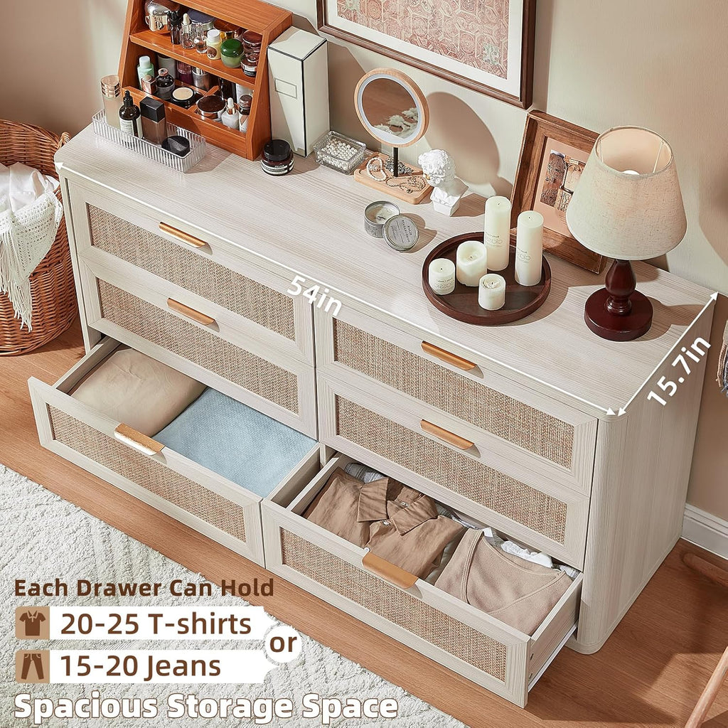 LEYAOYAO Rattan 6 Drawer Dresser for Bedroom Set of 2, Boho 54" Wide White Dresser Chest of Drawers, Dressers TV Stand with Metal Handle, Storage Dressers Closet Organizer for Living Room, Hallway