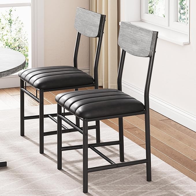 Industrial Dining Chairs Set of 4 - Upholstered Dining Room Chairs with PU Leather, Kitchen Chairs with Wooden Backrest and Thickened Metal Legs, for Dining Room, Living Room（Gray）