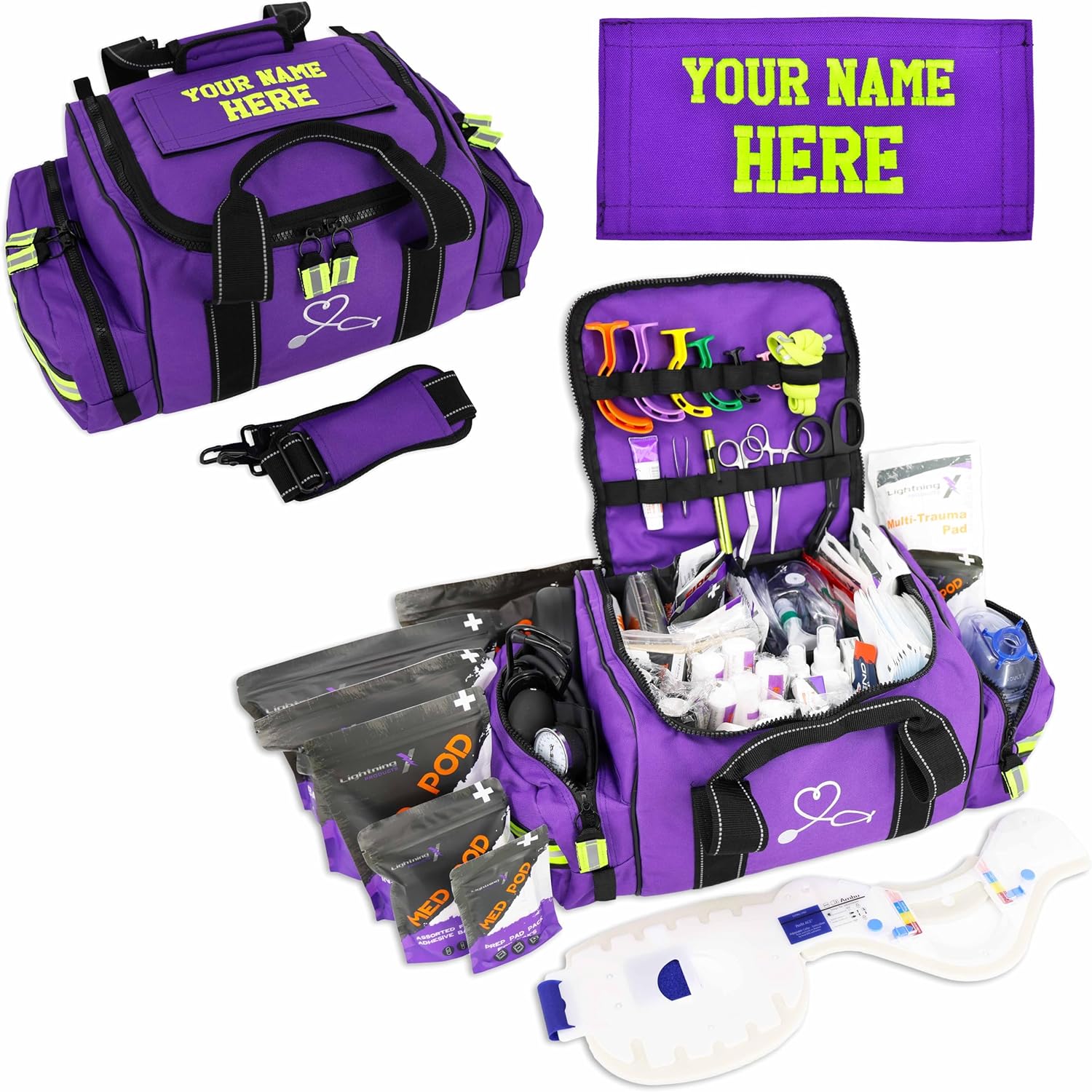 Lightning X Custom Embroidered Trauma Kit & Large EMT Bag w/ 250+ First Aid Supplies & Customized Name Patch | Purple