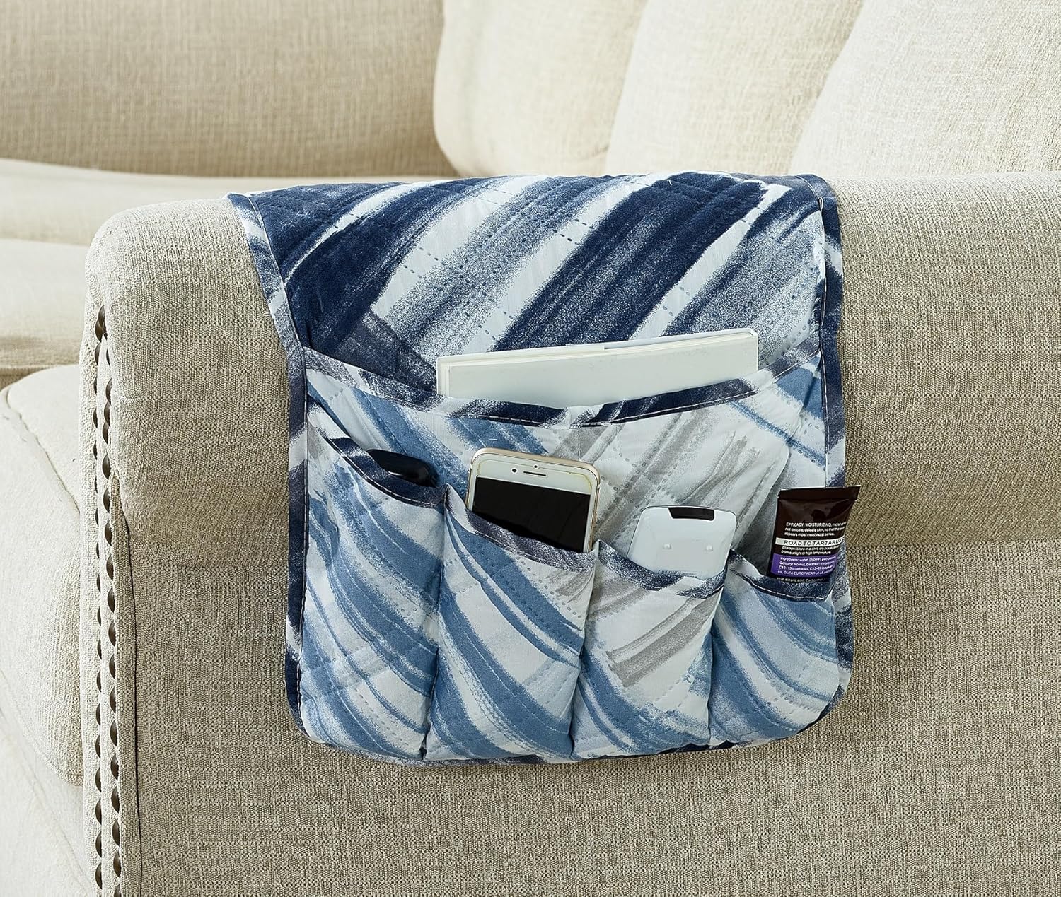 Brilliant Sunshine Blue Grey Stripes Patchwork Couch Armrest 5 Pockets Organizer, Slip Resistant Recliner Armchair Caddy, Washable Remote Controls Holder, Storage for Magazine, Tablet, iPad, Blue Grey