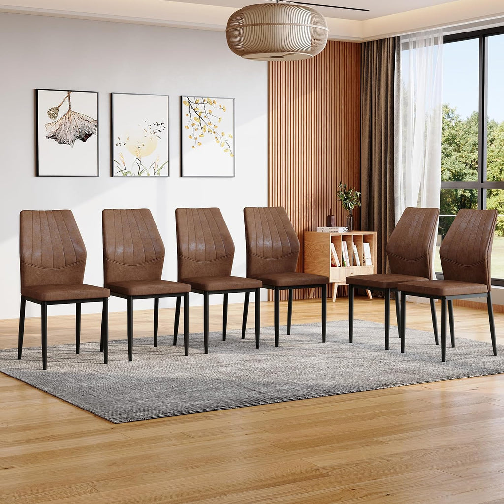 Brown Dining Chairs Set of 6,Rustic Kitchen Chairs for Dining Room | Rustic Farmhouse Upholstered, Soft Cushion and Black Metal Legs, Mid Century Modern, Easy to Assemble For Home Office