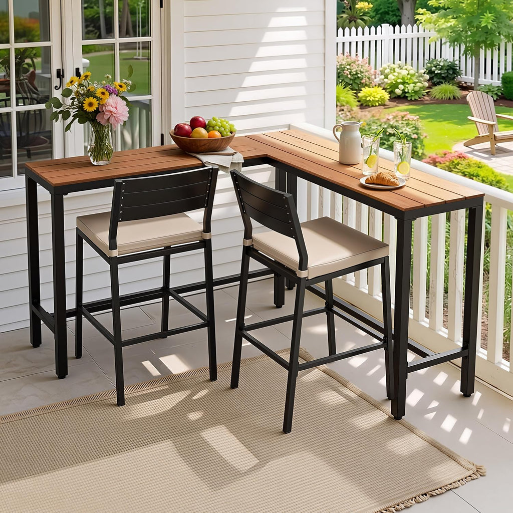 Outdoor Bar Table, 55" L-Shaped Pub Table with Slatted Waterproof Top | Slatted Tabletop, Weather-resistant, Sturdy Frame, Versatile for Balcony, Backyard, Bistro, Garden, Poolside.